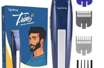 Lifelong Trim EZ Rechargeable Beard Trimmer for Men | SkinProtect Blades, Cordless Groomer with 4 Attachments, Brush & Oil Bottle, 500mAh Lithium Battery, USB Type-C Charging, 60 Min Runtime (Blue)