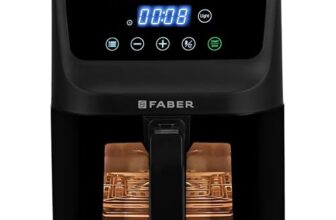 Faber 6L 1500W Digital Air Fryer | Fry, Bake, Roast | 85% Less Oil, 200°C Swirl Heating Technology |8-Preset Menu|View Window|Touch Control Interface| Auto Shut-Off |2 Yrs Comprehensive warranty|Black