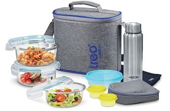 Treo by Milton All Fresh Premier Glass Tiffin with Bag, Set of 8 (3 Containers, 400ml Each; 1 Steel Bottle, 750 ml; 2 – Pickle/Chutney Dabba, 30ml Each; 1 Salad/Papad Dabba, 200ml; 1 Dining Mat)