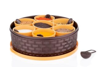 Spice Organizer Set with 7 Bowls and Spoons, Brown and Yellow, Basket Weave Design, Rotating Masala Box