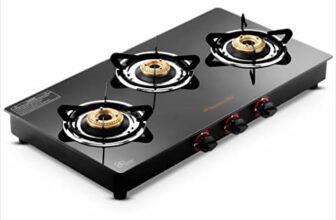 Butterfly Rapid 3 Burner Glass Top Gas Stove | Auto Ignition | Scratch Resistant Toughened Glass | Brass Burners | Skid-proof Legs | 1 Year Manufacturer’s Warranty | Black