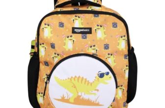 amazon basics Trendy and Spacious Mic Dino Theme Kids 3 Compartment Backpack | Comfortable Padding | 14 Inches (Orange)