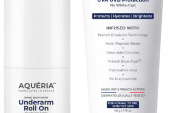 aqueria Daily Brightening Essentials Kit | Brightening French Sunscreen SPF 50 PA+++ (50g) & 5.5% AHA BHA Underarm Roll On (50ml)(2 Items in the set)