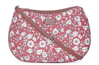 ZOUK Chittoor Red Kalamkari Floral Printed Women Jute Vegan Leather Red Moon Sling Bag With Zip Closure