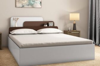 Nilkamal Bruce Wooden Queen Bed with Box Storage | Designer Headboard with Storage | Engineered Wood | 4 Big Compartments | Walnut & White