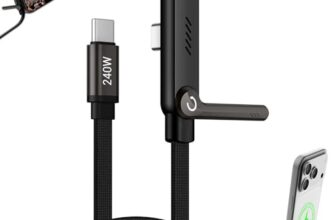 XIMAND Invisible Holder Charger Cable, 240W PD Fast Charging Cable for Desk, USB-C to USB-C Cable 4.9 FT with 360° Adjustable Metal Stand, 2 in 1 Holder Charger for Gaming, Office, Home, 1 pack