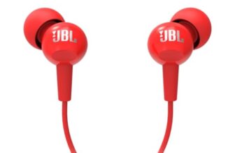 JBL C100SI Wired In Ear Headphones with Mic, JBL Pure Bass Sound, One Button Multi-function Remote, Premium Metallic Finish, Angled Buds for Comfort fit (Red)