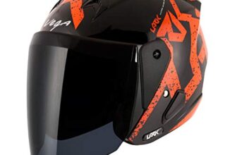 Vega Lark Victor ISI Certified Gloss Finish Lightweight Open Face Helmet for Men and Women with Long Clear Visor(Black Orange, Size:M)