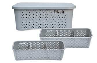 Flair Utility Multi Purpose Storage Basket Set of 3 Pcs(1 Pc Medium with Lid & 2 Pcs Ultra Home Baskets with Partitions) (Gray)