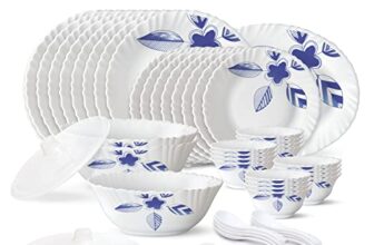 Larah by Borosil Morning Glory Silk Series Opalware Dinner Set | 47 Pieces for Family of 8 | Microwave & Dishwasher Safe | Bone-Ash Free | Crockery Set for Dining & Gifting | Plates & Bowls | White
