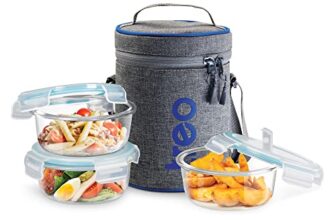 Treo by Milton All Fresh Borosilicate Glass Lunch Box Set of 3, Clear, 400 ml Each with Durable Lunch Bag, Microwave & Dishwasher Safe, Leakproof Containers, Office Tiffin