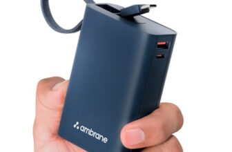 Ambrane 20000mAh Pocket Size Power Bank with Inbuilt Type-C Cable, 22.5W Fast Charging, Type-C PD & USB Output, Portable Mini Powerbank for iPhone, Android & Other Devices (MiniCharge 20, Black-Blue)