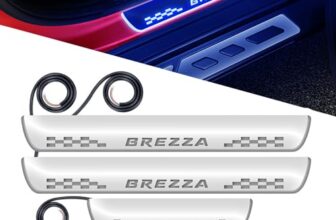 Fabtec Car Door Foot Step Led Sill Plate Compatible with Maruti Suzuki Brezza, Anti-Scratch Reflective Mirror Finish, Blue Light, Set of 4 Pcs (6 Months Warranty)