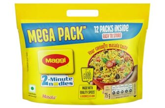 MAGGI 2-Minute Instant Noodles, Favourite Masala Taste, Masala Noodles With Goodness Of Iron, Made With Choicest Quality Spices, 840/900g Pouch (Pack of 12, 70/75g each) (weight may vary)