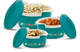 MILTON Elegance Jr. Inner Stainless Steel Casserole Gift Set Of 3 (395 Ml, 750 Ml, 1.35 Litres), Green | Pu Insulated | Bpa Free | Food Grade | Hot & Cold | Easy To Carry, Blue-Green