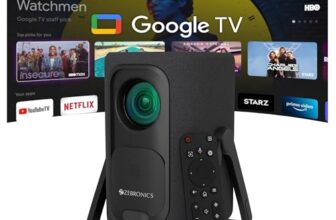 Zebronics Official Google TV Projector, 7500 Lumens, 4K Support, 200” Display, Auto Focus & Keystone, 270° Tilt, Portable Home Theater Cinema,Netflix, Prime, WiFi, BT, HDMI ARC (PixaPlay 77G)