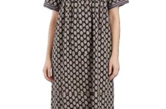 Evolove Cotton Nighty Maxi for Women with Side Pocket | Floral Print Round Neck Short Sleeves Full Length Night Wear Gown | Black – Small