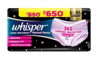 Whisper Super Absorbent Period Panty, 12 L-XL Pants, 360 Degree Leakage Protection* for Heavy Flow, Panty like Fit, Full back Coverage, Absorbs Heavy Gushes, Silky Soft, Comfortable Feel