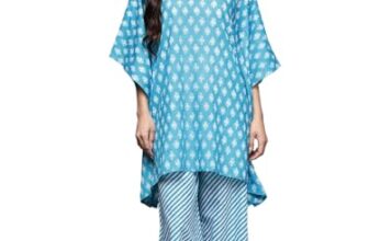 Libas Womens Printed Cotton Night Suit Set for Women Turquoise Blue