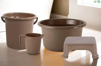 Kuber Industries Set of 4 Bathroom Combo Set | Bathing Set | Bathware Set | Tub-Bucket-Mug & Stool Combo Set for Bathroom | Modern Bathroom Accessories Set | Brown