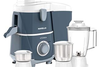 Havells Vitonica 500Watts Juicer Mixer Grinder with 3 Bigger Size Jars | Rust Resistant 304SS Sieve | Large Size Pulp Container | 1.75 Ltr Break Resistant Jar | 5 Yr Motor Manufacturer Warranty (Blue)