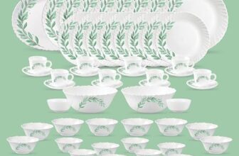 La Opala Diva Classique Collection Opal Glass Crockery | for Family of 8 | Dinner Set 53 pcs Olive Trails | Plates, Bowls & Cups for Dining | Microwave Safe | 100% Vegetarian | Extra Strong | White