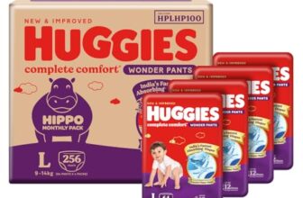 Huggies Complete Comfort Wonder Pants | Pant Style Baby Diapers Large Size, 256 Count | India’s Fastest Absorbing diaper, Clinically Proven to Prevent Diaper Rash | Ideal for 9 to 14 Kgs (64 count, Pack of 4)