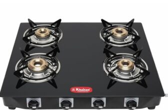 Khaitan Tempered Glass 4 Burner Premium Black Toughened Lpg Gas Cooktop, Manual Ignition Stove With 1 Year Warranty (Isi Approved, Burner)