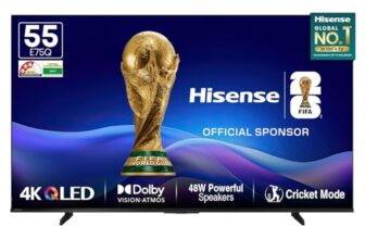 Hisense 139 cm (55 Inches) 4K Ultra HD Smart QLED TV | 48W Powerful Speakers | Dolby Atmos & HDR10+ | ALLM, VRR & Game Mode | Cricket Mode | AI 4K Upscaler | VIDAA OS | 55E75Q (Black)