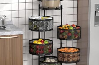 Kitchenstory Storage Rack | 360° Revolving Vegetable Kitchen Rack | Round Multipurpose Storage Trolley with Wheels | Metal Fruit Storage Rack | Kitchen Cabinet Spice Rack (Black, 5 Layer)