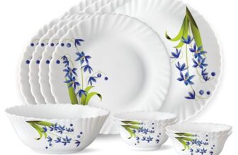 Larah by Borosil Fluted Series Lavender Opalware Dinner Set | 13 Piece for Family of 4 | Microwave & Dishwasher Safe | Bone-Ash Free | Crockery Set for Dining & Gifting | Plates & Bowls | White