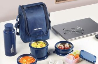 CELLO MF All in One Lunch Box with Jacket For Office Blue | 3 Microwave Safe Containers (550ml, 375ml, 225ml), 1x175ml Pickle Box & Steel Bottle 275ml | Leakrpoof Airtight Tiffin Box Set For Daily Use