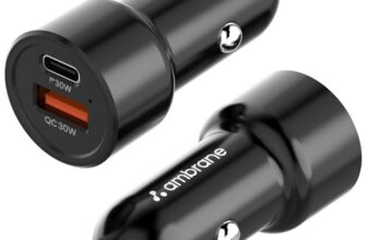 Ambrane 60W Fast Car Charger with Dual Output, 60W Total (30W USB + 30W Type C PD) Fast Charging Compatible with All Cars for iPhone & Android Smartphones and Tablets (ACC60, Black)
