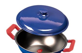 Pigeon By Stovekraft Cast Iron Kadai with Cast Iron Lid | Medium, 20 Cm | Enamel Coated | Luxurious Mirror Finish | Toxin-Free | High Pressure Casting | Cook with Style, Elegance & Comfort, Blue