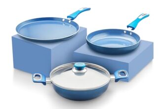 Amazon Brand – Solimo Ceramic Non-Stick Induction Base Cookware | Set of 4 | 24cm Fry Pan, 24 cm Kadai, 28cm Tawa, with 1 Common Lid | Blue