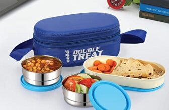 CELLO Double Treat Set of 3 Pcs Lunch Box with Jacket For Daily Use, Blue | 2 x 300ml Stainless Steel Containers, 1 x Oval Container |Lightweight Leakproof Airtight Tiffin Box Case For Office & Travel