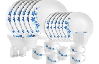 Cello Dazzle Series Blue Swirl Opalware Dinner Set | 28Pcs | White | Microwave & Dishwasher Safe | Light-Weight & Durable | Chip & Scratch Resistant | Best for Special Occasion & Gifting Purpose
