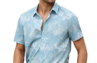 VastraVibes Men’s Tropical Printed Casual Shirt | Slim Fit Short Sleeve Summer Shirt | Lightweight Breathable Fabric | Beach & Vacation Wear (in, Alpha, L, Regular, Sky Blue)