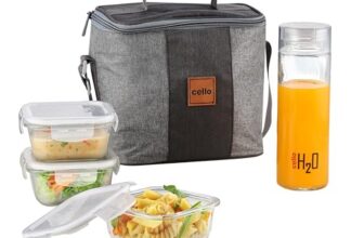 CELLO Glassy Square Lunch Box with Jacket for Office, Transparent | 3 x 320ml Containers & 1 x 500ml Glass Bottle, Microwave Safe Leadfree Toughened Glass, Airtight Leakproof Tiffin Box for Daily Use