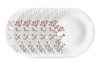 Larah by BOROSIL Red Bud 6 Pcs Opalware Plate Set (Dia – 10 inch), White