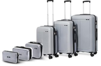 VLITE Megatron Family Pack – 6 Pcs Family Set | 3 Trolley Bags (20”/24”/28”) + 3 Vanity Cases (8”/10”/13”) | Lightweight Recyclable Polypropylene Luggage with Smooth 8 Spinner Wheels (Black)