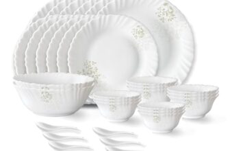 Larah by Borosil Ingot Fluted Series Opalware Dinner Set | 33 Pieces for Family of 6 | Microwave & Dishwasher Safe | Bone-Ash Free | Crockery Set for Dining & Gifting | Plates & Bowls | White