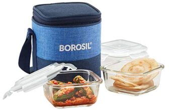 Borosil Prime Lunchbox with Bag | 2pc Square Container Set (320ml Each) | Made in India Borosilicate Glass Tiffin | Microwave & Dishwasher Safe Lunch Box for Office, College & School