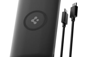 Spigen 2-in-1 10000mAh Wireless Charging Power Bank, 25W Max Fast Charging Compatible with Charging Dock, Anti-Slip Ring, Included Type-C to C Cable (Pogo Pin Ver.) – Black