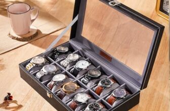 Amazon Basics Unisex Faux Leather Watch Organiser Box with 12 Slots |Watch Organiser with Transparent Lid (Black)