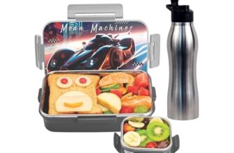 SIGNORA WARE Delight C Nugget Stainless Steel Printed Lunch Box Set for Kids | Airtight Lid with Clip Lock | Compact & Sleek Size | Great for Picnics & Outdoors (700ml + 130ml + 750ml Bottle | Grey)