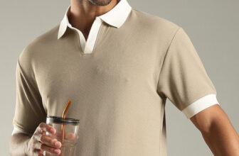 SHINX Solid Men Mandarin Collar Beige T-Shirt