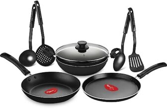 Pigeon Mio Nonstick Aluminum Cookware Gift Set, Includes Flat Tawa, Fry Pan, Kadai with Glass Lid, Kitchen Tool Set, Black, 8 Pieces