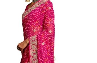 Satrani Women’S Georgette Embroidery Bandhani Printed Saree With Unstitched Blouse Piece (4611S1042N_Rani Pink)