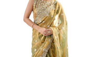 Satrani Women’s Shimmer Chiffon Dual Tone Scalloped Border Sequins Embroidery Saree with Unstitched Blouse Piece (4856S152N_Mustard)